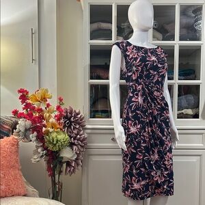 LAURA, Navy Midi Dress with Pink Floral Print and Side Twist